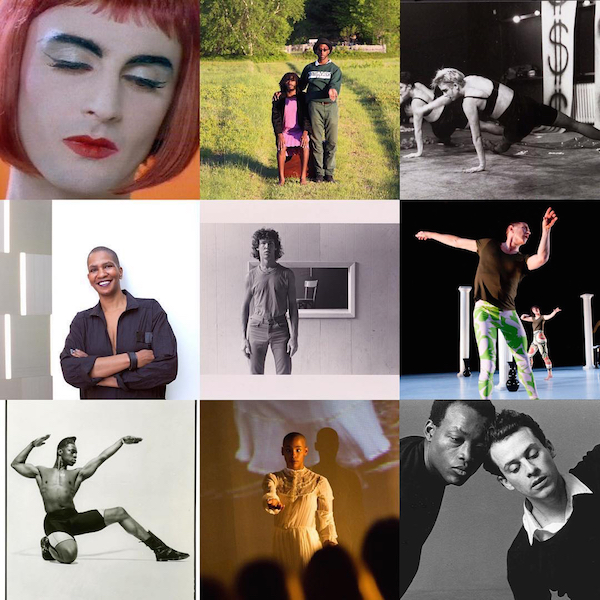 Clockwise from top left: John Kelly in Charles Atlas' Son of Sam and Delilah; Brother(hood) Dance!; DANCENOISE; Neil Greenberg; Bill T. Jones and Arnie Zane; Jasmine Hearn; Archie Burnett; Pamela Sneed; John Bernd (center).