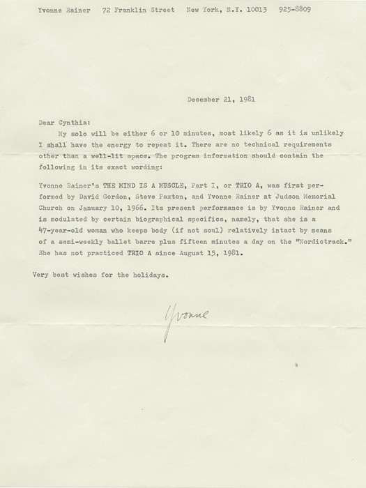 Letter from Yvonne Rainer to Cynthia Hedstrom, 1981. Courtesy of the Jerome Robbins Dance division, The New York Public Library for the Performing Arts.