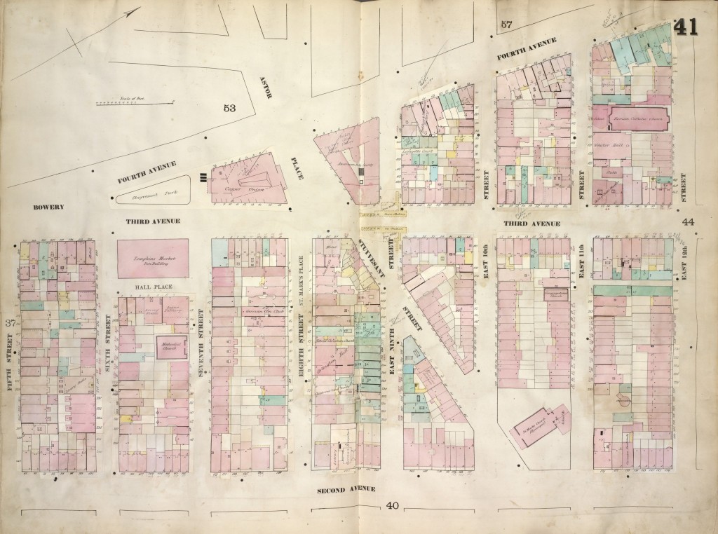 Image: Lionel Pincus and Princess Firyal Map Division, The New York Public Library. "Plate 41: Map bounded by Fourth Avenue, East 12th Street, Second Avenue, Fifth Street; Including Bowery, Third Avenue, Sixth Street, Seventh Street, Eighth Street (St.Mark's Place), Astor Place, Stuyvesant Street, East Ninth Street, East 10th Street, East 11th Street" The New York Public Library Digital Collections. http://digitalcollections.nypl.org/items/5e66b3e8-77fd-d471-e040-e00a180654d7