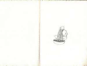 Gyun Hur, Untitled (drawing from the performance of Ni’Ja Whitson’s Oba Qween King Baba -- Excerpt One), pen on paper, 8.5” x 12” (2018)