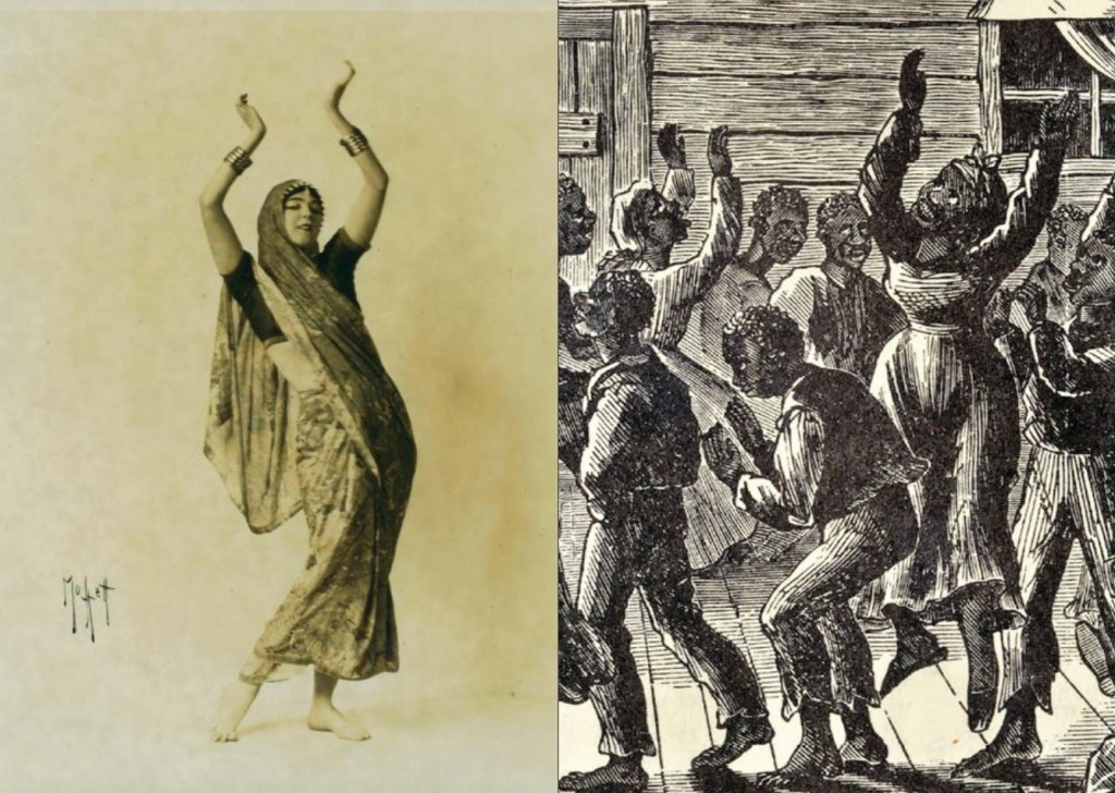 Catalogue spread created by Raja Feather Kelly. Left: Ruth St. Denis, 1916, 1917. Right: Prayer meeting in South of New York, 1872.
